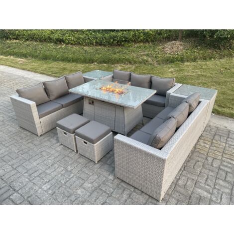 Fimous Ensemble de meubles de jardin en rotin ensemble Table de foyer à gaz canapé ave 2 Table d'appoint 2 Petit Tabourets Gris Clair (1/5)