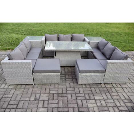 Fimous – Ensemble table et chaises de jardin en rotin – 2 canapés – Table réglable 140x80cm – 2 tables d'appoint 65x65cm – 2 tabourets gris clair (1/5)