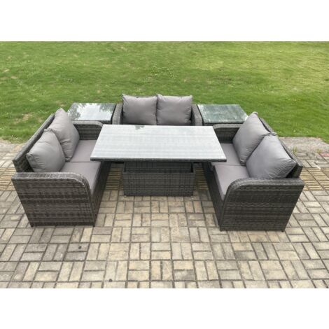 Fimous Salon de jardin en rotin 3 pièces Love Sofa et Table à manger réglable en hauteur avec 2 Tables d'appoint (1/5)
