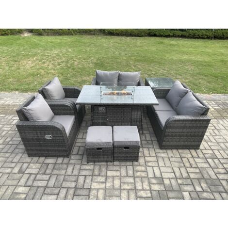 Fimous 8 places Salon de jardin en rotin Table de foyer à gaz et Sofa Chaise set avec Tables d'appoint 2 Petits poufs (1/5)