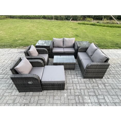 Fimous 7 places Salon de jardin en rotin avec Table basse rectangulaire grand tabouret Love Sofa 2 Tables d'appoint Mélange gris foncé (1/5)