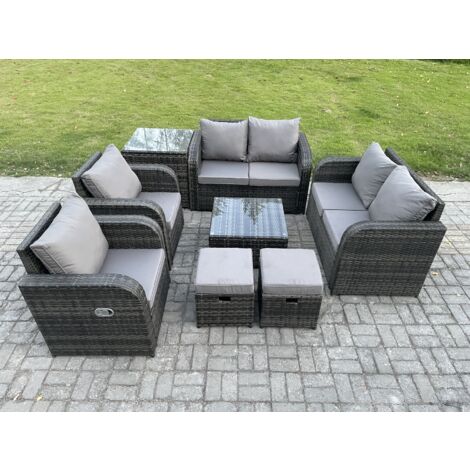 Fimous 8 places Ensemble de meubles de jardin en rotin avec Table basse carrée Love Sofa Chaises inclinables Tables d'appoint 2 Petits poufs Mélange gris foncé (1/5)