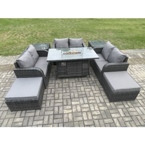 Fimous Mobilier de jardin extérieur en rotin Table de foyer à gaz Gas Heater avec 2 Tables d'appoint Love Sofa 2 grand tabouret Mélange gris foncé (1/5)