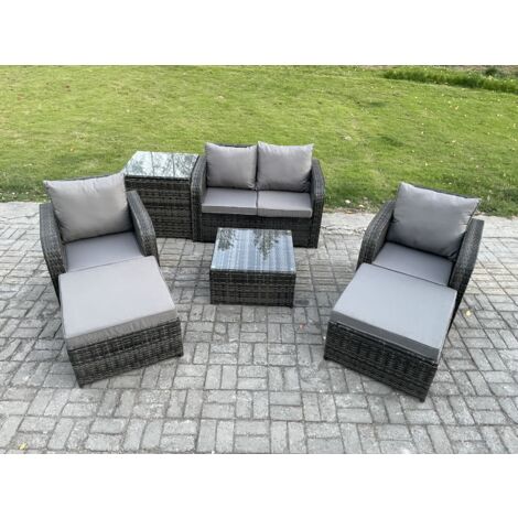 Fimous Salon de jardin en rotin 6 places avec Love Sofa Table basse carrée 2 grand tabouret Tables d'appoint (1/5)