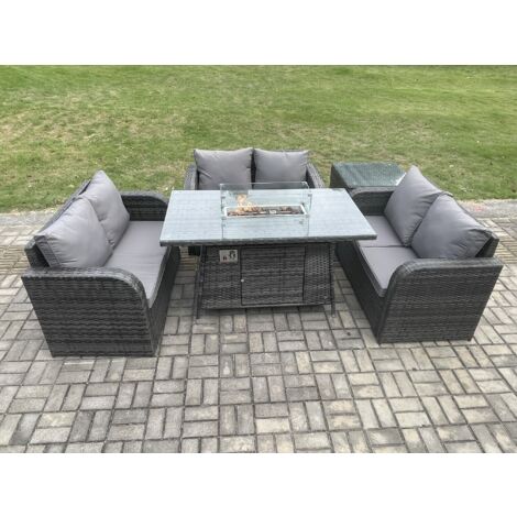 Fimous Mobilier de jardin extérieur en rotin Table de foyer à gaz Gas Heater avec Tables d'appoint Love Sofa Mélange gris foncé (1/5)