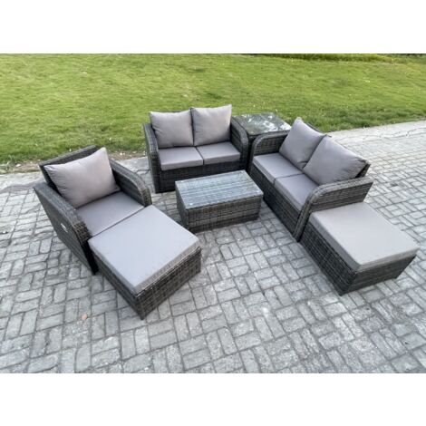 Fimous 7 places Salon de jardin en rotin avec Love Sofa Table basse rectangulaire 2 grand tabouret Tables d'appoint Mélange gris foncé (1/5)