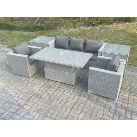 Fimous Ensemble de meubles de jardin en rotin ave Canapé,Table élévatrice ,Fauteuil,2 Table d'appoint 6 Pièces Groupe de sièges Gris Clair (1/5)