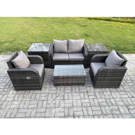 Fimous 6 pièces Salon de jardin en rotin Love Sofa table basse 2 Fauteuil 2 Tables d'appoint Mélange gris foncé (1/5)