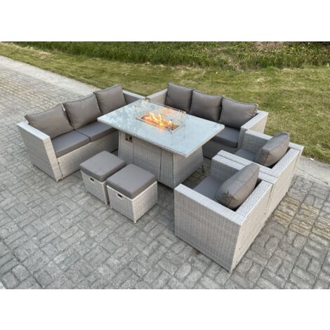 Fimous Table de foyer à gaz Ensemble de meubles de jardin en rotin ave 2 canapé 2 Fauteuil 2 Petit Tabourets Gris Clair (1/5)