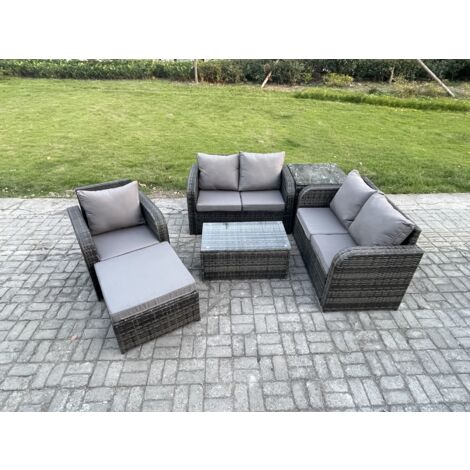 Fimous Salon de jardin en rotin avec Love Sofa Table basse rectangulaire grand tabouret Tables d'appoint Mélange gris foncé (1/5)