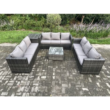 Fimous Salon de jardin en rotin 9 places avec Tables d'appoint Table basse carrée Mélange gris foncé (1/5)