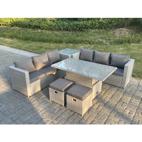 Fimous – Salon de jardin 5 places – Table à manger réglable en hauteur 140x80cm – Canapé avec accoudoirs et poufs – Rotin PE gris clair (1/5)