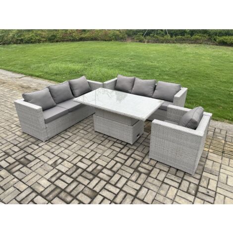 Fimous Meubles à manger de jardin en rotin 2 canapé, Table à manger réglable en hauteur et Fauteuil pour Pelouse Terrasse Intérieure Gris Clair (1/5)