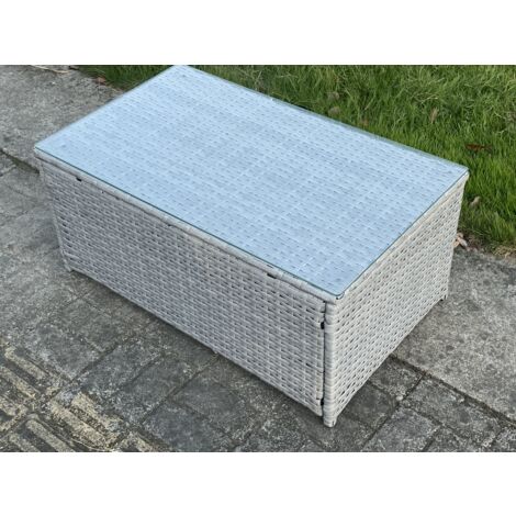 Fimous – Table basse rectangulaire en rotin PE gris clair – 85L x 50W x 37H cm – Cadre en acier galvanisé – Facile à assembler
