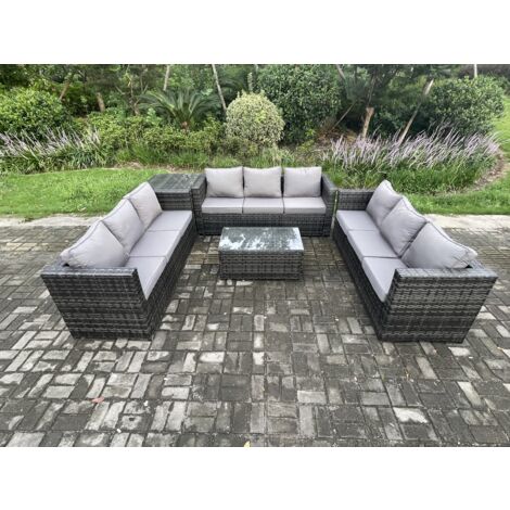 Fimous 9 places Ensemble de meubles de jardin en rotin avec Table basse Tables d'appoint Mélange gris foncé (1/5)