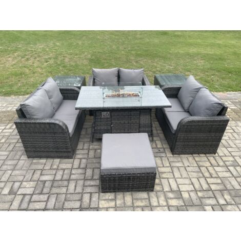 Fimous Mobilier de jardin extérieur en rotin Table de foyer à gaz Gas Heater avec 2 Tables d'appoint Love Sofa grand tabouret Mélange gris foncé (1/5)