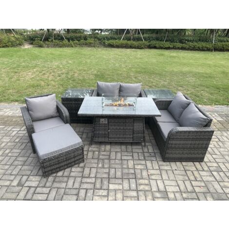 Fimous Salon de jardin en rotin avec Table de foyer à gaz,2 Tables d'appoint et grand tabouret 7 piece Love Sofa set (1/5)