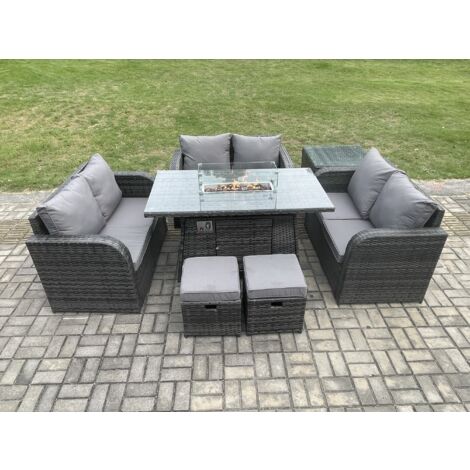 Fimous Mobilier de jardin extérieur en rotin Table de foyer à gaz Gas Heater avec Tables d'appoint Love Sofa 2 Petits poufs Mélange gris foncé (1/5)