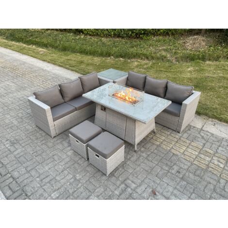 Fimous Table de foyer à gaz Ensemble de meubles de jardin en rotin ave canapé Table d'appoint Petit Tabourets Gris Clair (1/5)