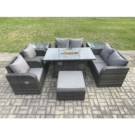 Fimous 7 places Salon de jardin en rotin Table de foyer à gaz et Sofa Chaise set avec 2 Tables d'appoint grand tabouret (1/5)