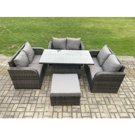 Fimous Salon de jardin en rotin 3 pièces Love Sofa et Table à manger réglable en hauteur avec grand tabouret (1/5)