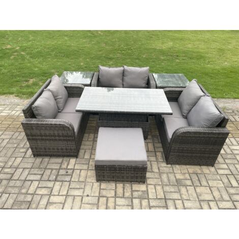 Fimous Salon de jardin en rotin 3 pièces Love Sofa et Table à manger réglable en hauteur avec 2 Tables d'appoint grand tabouret (1/5)