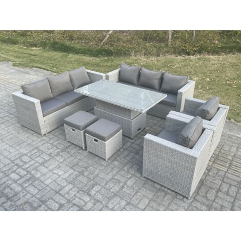 Fimous Salon de Jardin Exterieur Table à manger réglable en hauteur ave canapé 2 Fauteuil 2 Petit Tabourets Gris Clair (1/5)