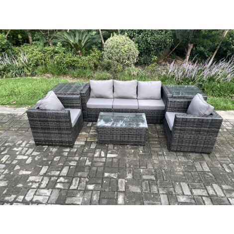 Fimous Salon de jardin en rotin avec Canapé 3 places table basse 2 Tables d'appoint 2 Fauteuils Mélange gris foncé (1/5)