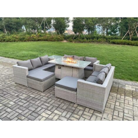 Fimous 11 places Ensemble Meuble de Jardin en rotin ave 2 canapé, Table de foyer à gaz et Fauteuil ,2 Grand Tabourets, Table d'appoint pour Pelouse Terrasse Intérieure Gris Clair (1/5)