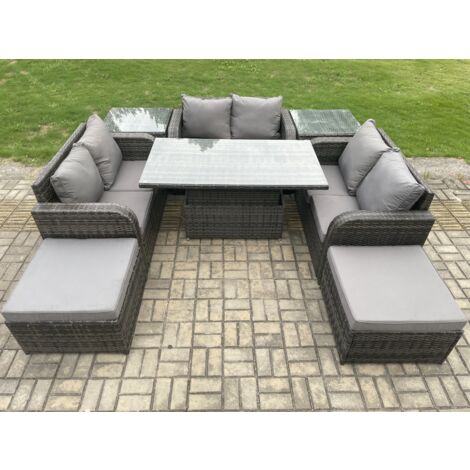 Fimous Salon de jardin en rotin 3 pièces Love Sofa et Table à manger réglable en hauteur avec 2 Tables d'appoint 2 grand tabouret (1/5)
