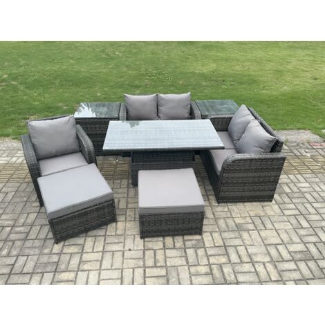 Fimous Salon de jardin en rotin avec Table à manger réglable en hauteur Love Sofa avec Chaises inclinable 2 Tables d'appoint 2 grand tabouret (1/5)