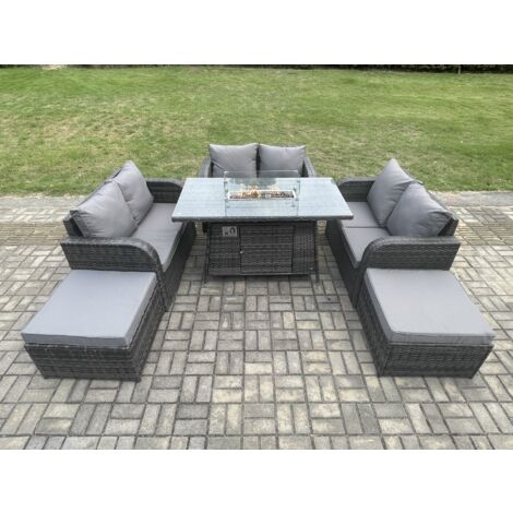 Fimous 8 places Mobilier de jardin extérieur en rotin Table de foyer à gaz Gas Heater avec Love Sofa 2 grand tabouret Mélange gris foncé (1/5)