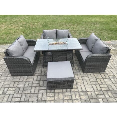 Fimous Mobilier de jardin extérieur en rotin Table de foyer à gaz Gas Heater avec Love Sofa grand tabouret Mélange gris foncé (1/5)