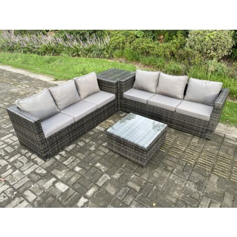 Fimous Salon de jardin en rotin 6 places avec Tables d'appoint Table basse carrée Mélange gris foncé (1/5)