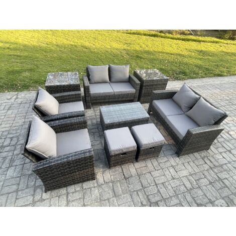 Fimous Mobilier de jardin extérieur 9 pièces Ensemble de canapé en rotin ave Table basse 2 Petit Tabouret 2 Table d'appoint Gris foncé (1/5)