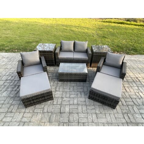 Fimous 6 Places Gris foncé Ensemble de meubles de jardin en rotin ave Canapé Table basse rectangulaire ave 2 Table d'appoint 2 Grand Tabouret (1/5)
