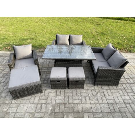 Fimous Ensemble de meubles de jardin en rotin Ensemble de canapés de jardin ave Table à manger réglable en hauteur 3 Tabouret Gris foncé (1/5)