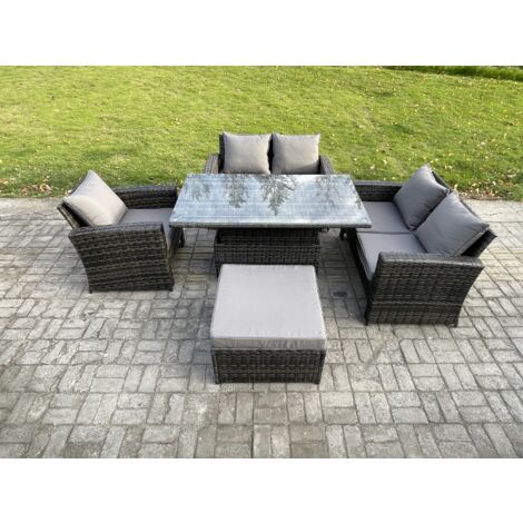 Fimous 5pcs Ensemble de meubles de jardin en rotin ave Table à manger réglable en hauteur ave Grand Tabouret Gris foncé (1/5)