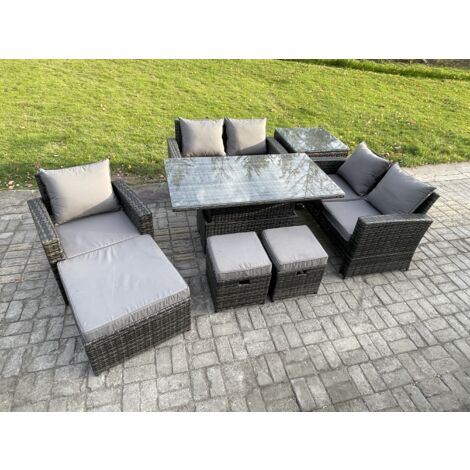 Fimous Ensemble de meubles de jardin en rotin Ensemble de canapés de jardin ave Table à manger réglable en hauteur Table d'appoint 3 Tabouret Gris foncé (1/5)