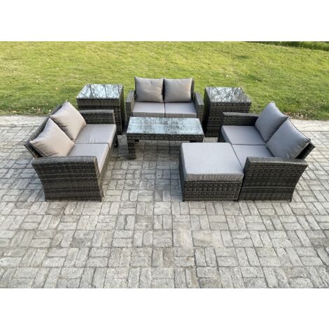 Fimous 7 PCS Mobilier de jardin extérieur ave Table basse Canapé deux places 2 Table d'appoint Grand Tabouret Gris foncé (1/5)