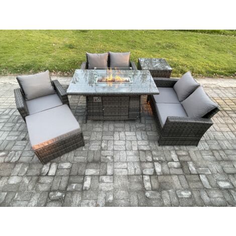 Fimous Ensemble de meubles de jardin en rotin Table de foyer à gaz Sets Chauffage au gaz ave Canapé d'amour Chaise Grand Tabouret Table d'appoint 6 Places Gris foncé (1/5)