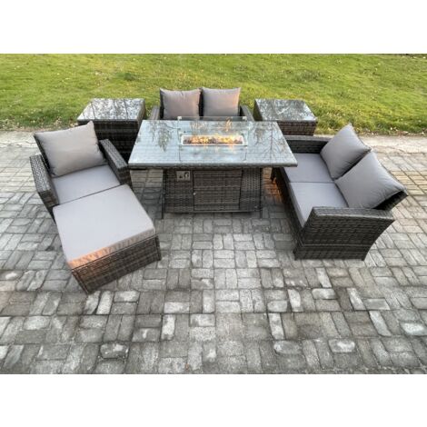 Fimous Ensemble de meubles de jardin en rotin Table de foyer à gaz Sets Chauffage au gaz ave Canapé d'amour Chaise 2 Table d'appoint Grand Tabouret 6 Places Gris foncé (1/5)