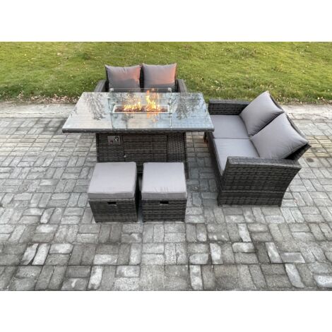 Fimous 5 pièces Mobilier de jardin extérieur en rotin Foyer à gaz Table à manger Canapé Set ave 2 Petit Tabouret (1/5)