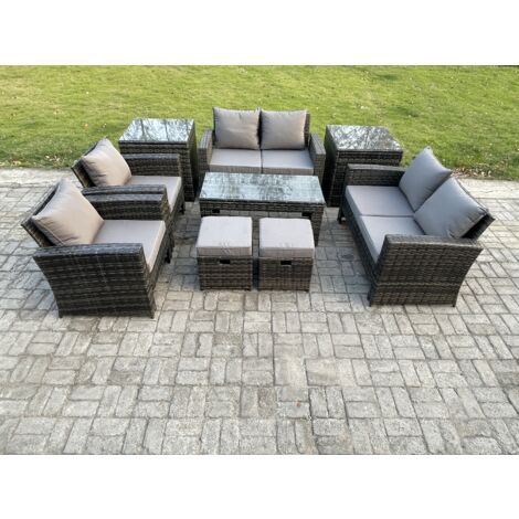 Fimous 8 Places Gris foncé Ensemble de canapés en rotin Table basse ave Canapé d'amour Fauteuil 2 Petit Tabouret 2 Table d'appoint (1/5)