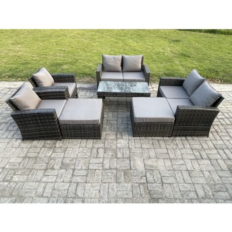 Fimous 8 Places Dossier haut Ensemble de meubles de jardin en rotins ave Table basse rectangulaire 2 Grand Tabouret Doppelsofa Chaise Gris foncé (1/5)