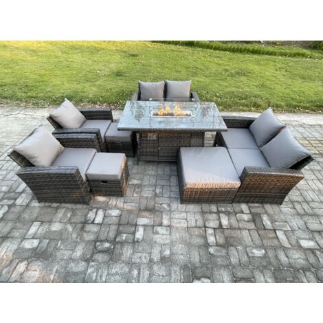 Fimous Meubles de Jardin en rotin 8 pièces Meubles en polyrotin Foyer à gaz Table à manger Canapé Set ave 3 Tabouret Gris foncé (1/5)