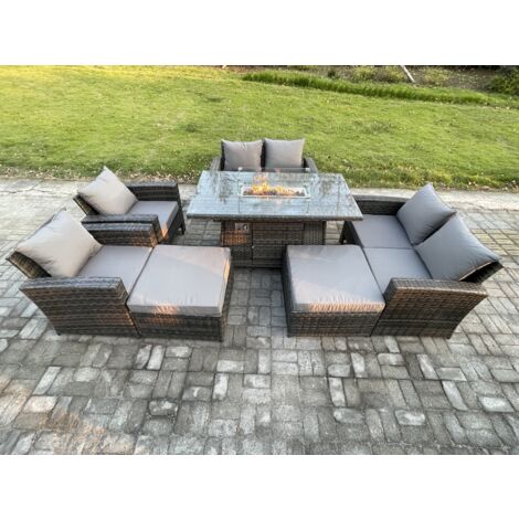 Fimous 8 Places Ensemble de meubles de jardin en rotin Canapé Chaise Table de foyer à gaz Set ave 2 Grand Tabouret (1/5)