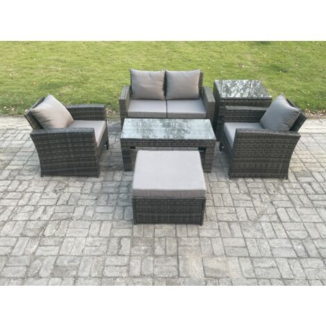 Fimous 5 Places Ensemble de meubles de jardin en rotin Ensemble de canapés de jardin ave Table basse Grand Tabouret Table d'appoint Gris foncé (1/5)