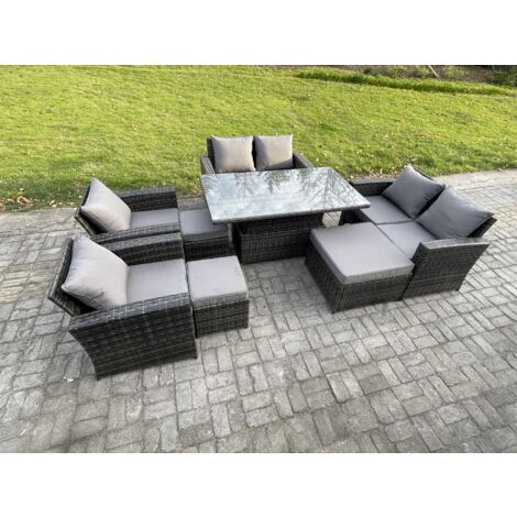 Fimous Meubles de Jardin en rotin 8 pièces Ensemble canapé et table à manger ave 3 Tabouret Gris foncé (1/5)
