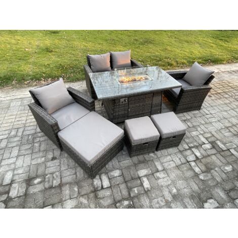 Fimous 7 Places Rotin Canapé de jardin Set Meubles de jardin Foyer à gaz Table à manger ave 3 Tabouret Gris foncé (1/5)